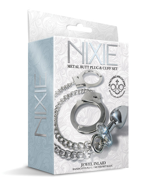 Nixie Metal Butt Plug W/inlaid Jewel & Fur Cuff Set