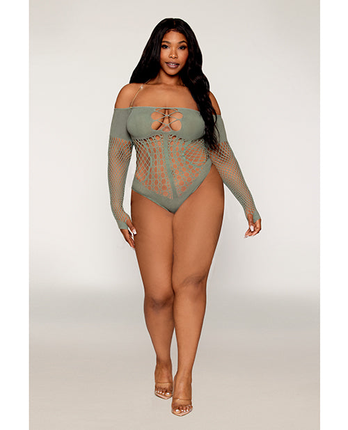 Long Sleeve Opaque and Fishnet Seamless Teddy w/Removable Halter Chain
