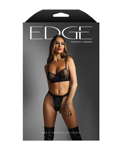 Edge Quilted Wetlook and Mesh Underwire Bra with Crotchless Panty