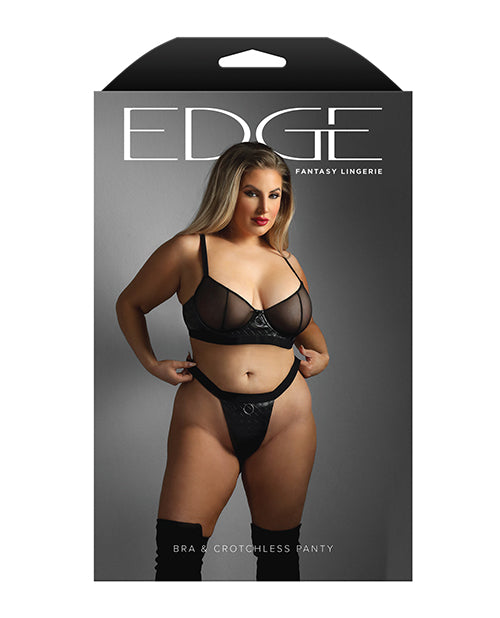 Edge Quilted Wetlook and Mesh Underwire Bra with Crotchless Panty