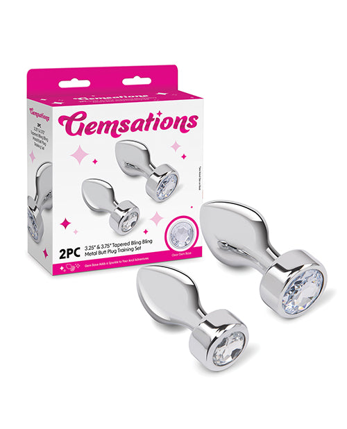 Gemsations 2 pc 3.25" & 3.7" Tapered Bling Bling Metal Butt Plug Training Set - Silver