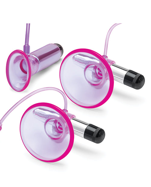 Lux Fetish Vibrating Nipple Suckers w/Clitoral Pump & Quick Release - Pink/Purple