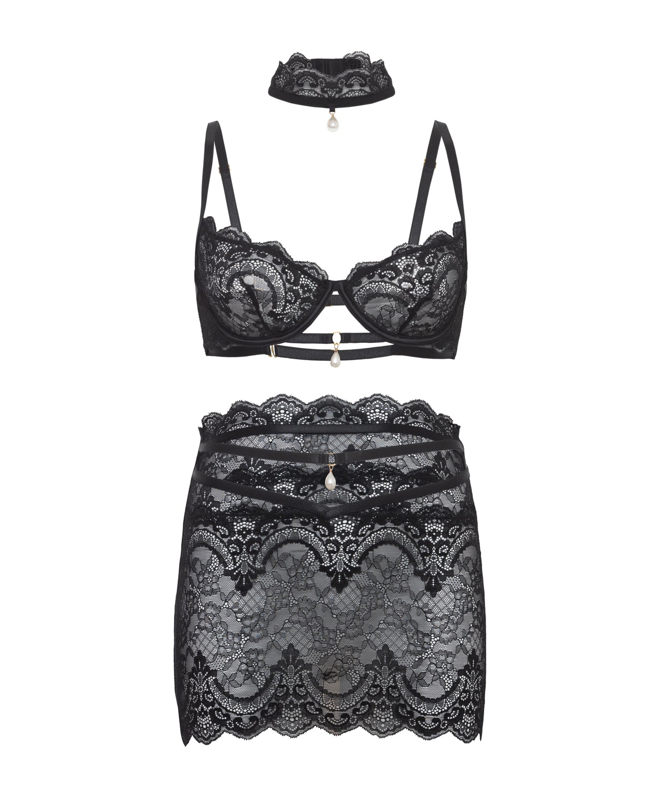 Perla Lace 3 pc Set w/Pearl Details - Black