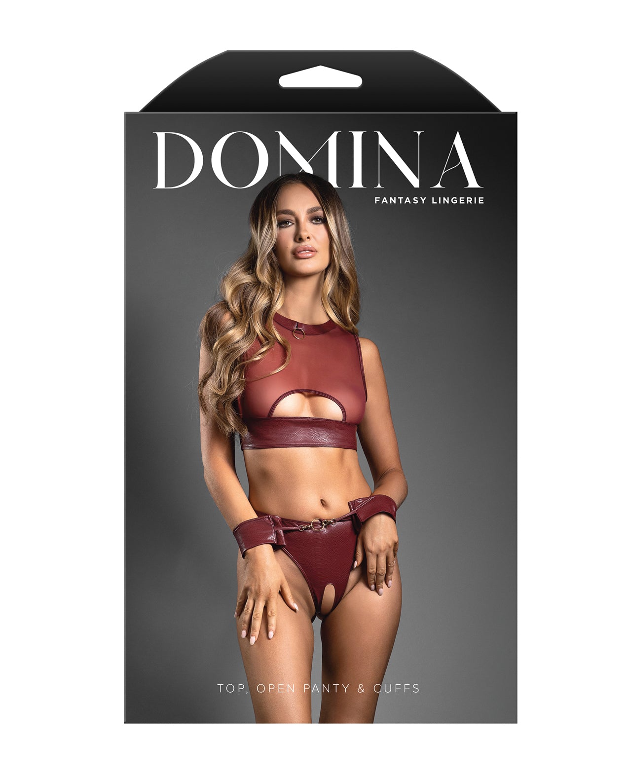 Domina Sheer Mesh & Vegan Leather 3 pc Set w/Crotchless Panty & Handcuffs - Burgundy