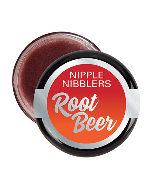 A jar of root beer-flavored Nipple Nibbler balm, reminiscent of classic soda shop treats