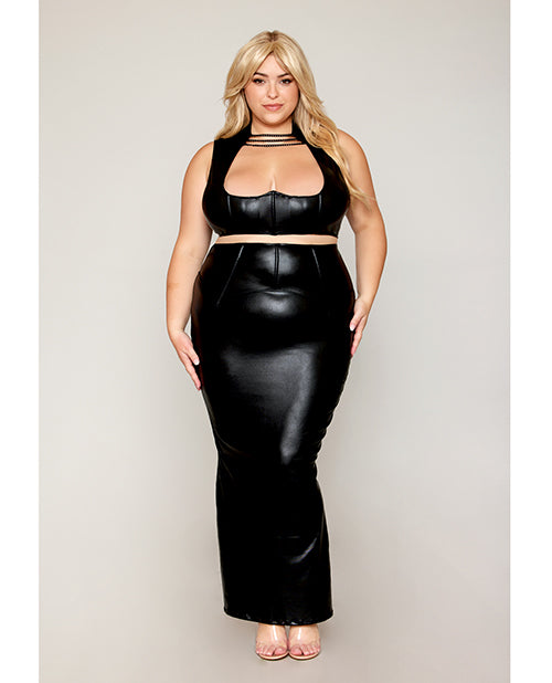 Black Stretch Faux Leather Harness Bra & Long Slip Skirt