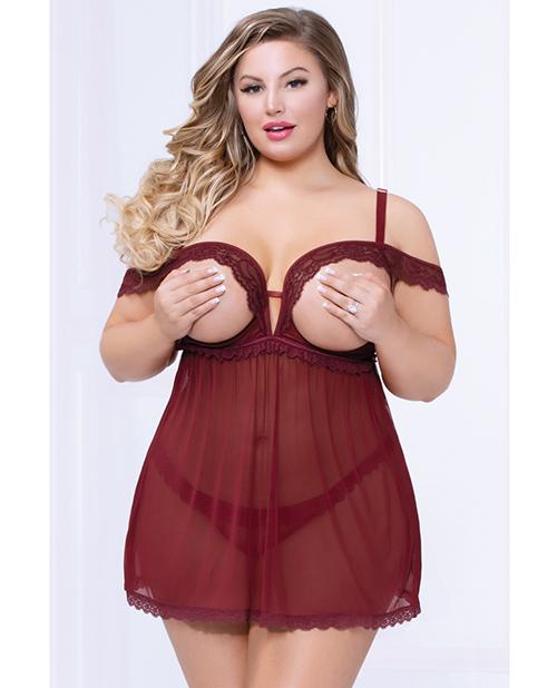 Lace and Mesh Open Cups Babydoll With fly Away Back and Panty